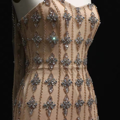 Nude Fitted Gown with Crystal Floral Embellishments and Shawl
