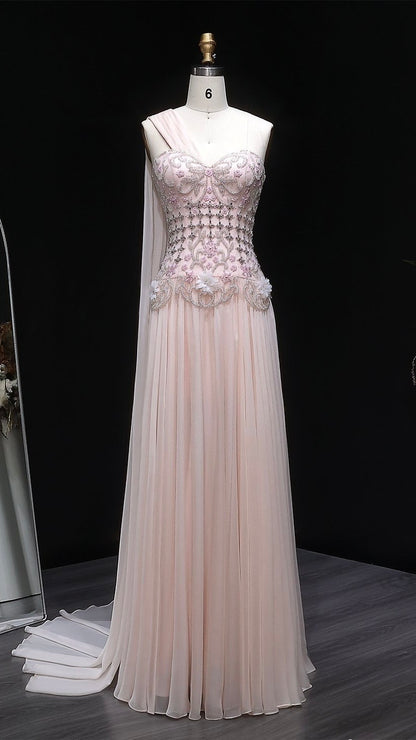 Dusty Pink One-Shoulder Beaded A-Line Evening Dress