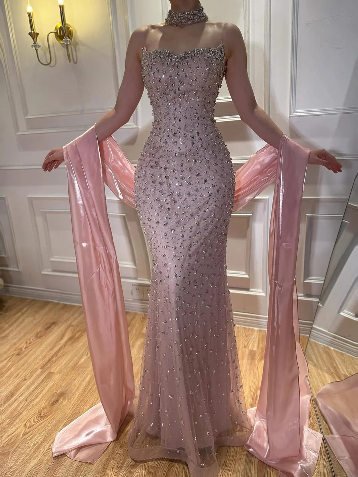 Royal Full-Crystal Mermaid Gown with Flowing Shoulder Cape