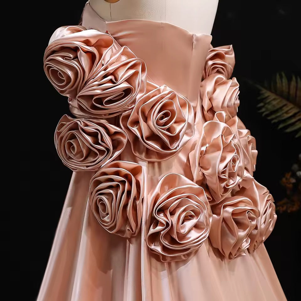 “Blush Garden” Gown – 3D Floral Details & Royal Long Satin Flow
