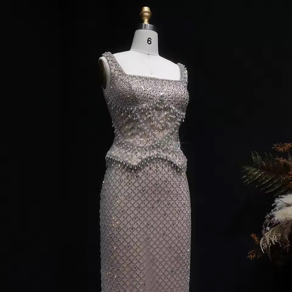 Luxury Beaded Crystal Long Straight Evening Dress