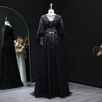 “Lumière Grace” Gown with Draped Sleeves and Vertical Crystal Beading