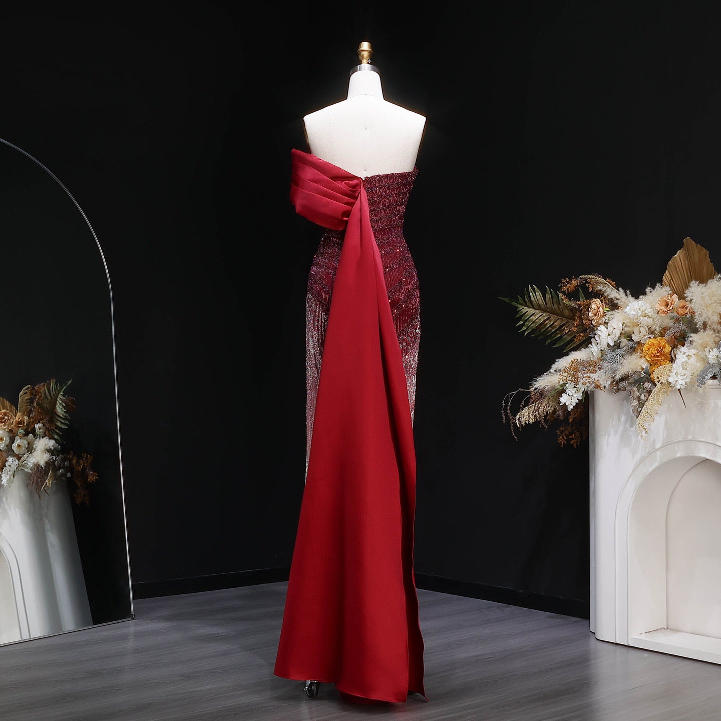 Ombre Beaded Fringe Gown with Satin Drape Train