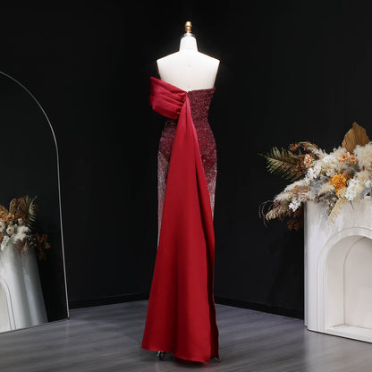 Ombre Beaded Fringe Gown with Satin Drape Train