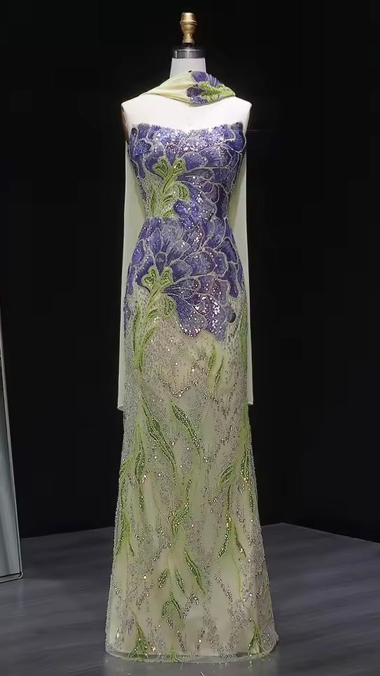 Strapless Floral Sequin Gown with Matching Scarf