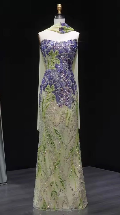 Strapless Floral Sequin Gown with Matching Scarf