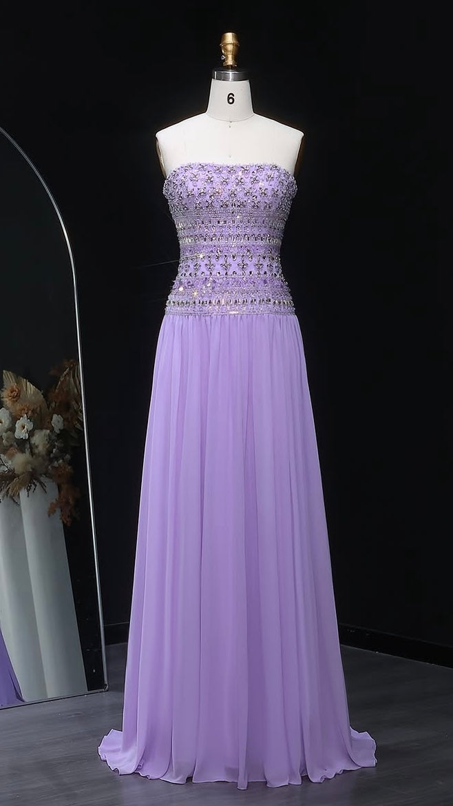 Strapless Lavender Evening Dress with Crystal and Beaded Embellishments