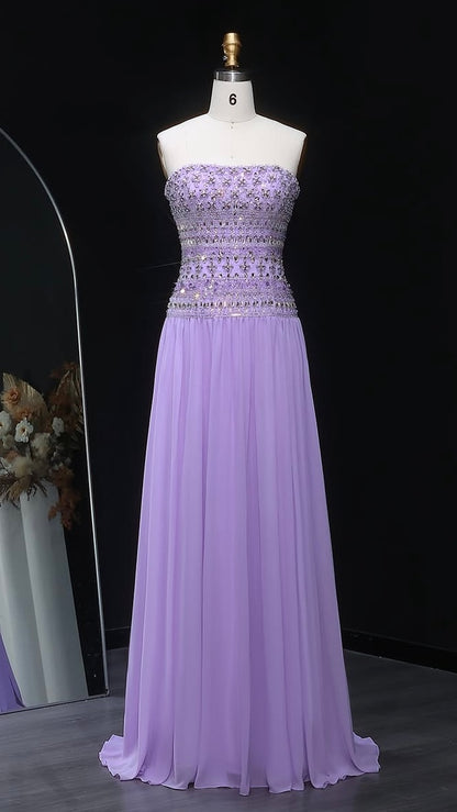 Strapless Lavender Evening Dress with Crystal and Beaded Embellishments