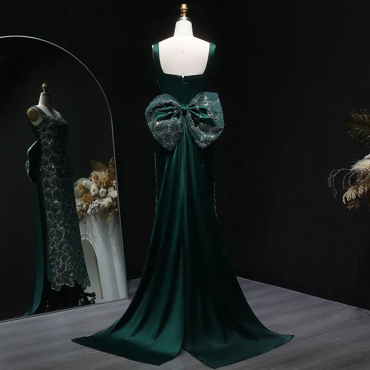 Emerald Crystal-Encrusted Gown with Back Satin Bow and Cathedral Train