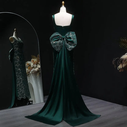 Emerald Crystal-Encrusted Gown with Back Satin Bow and Cathedral Train
