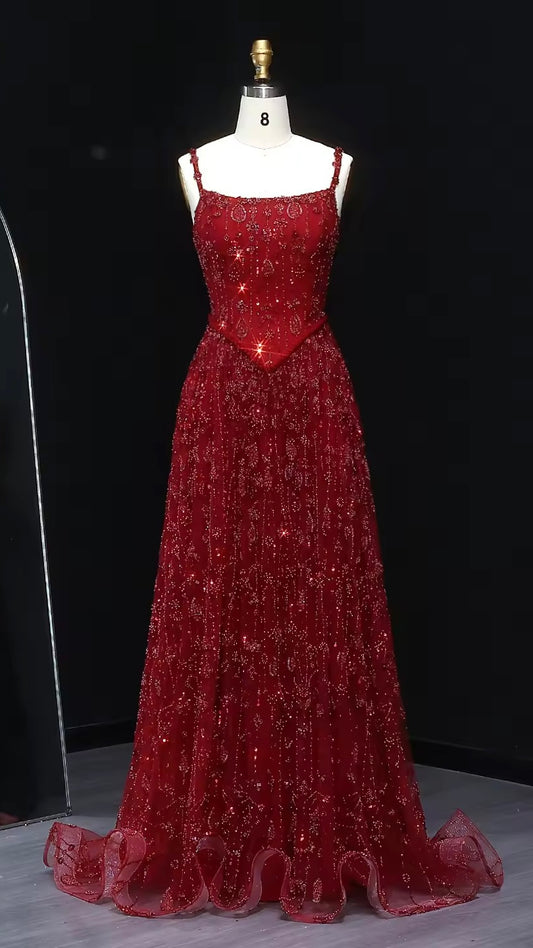 Fully Embroidered Evening Gown with Luxurious Beading and Sparkling Finish – Lace-Up Back Design