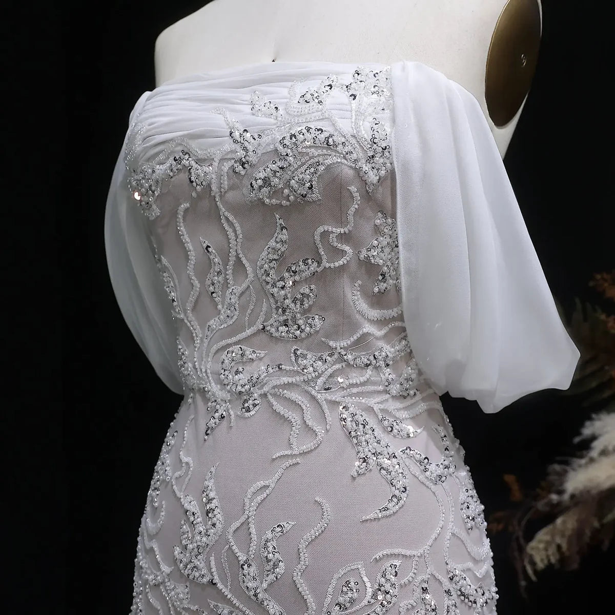 Burgundy "Orchid" Off-Shoulder Gown with Floral Crystal Embroidery and Satin Inset Train