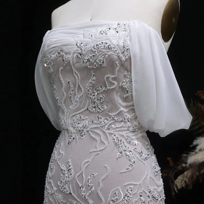 Burgundy "Orchid" Off-Shoulder Gown with Floral Crystal Embroidery and Satin Inset Train