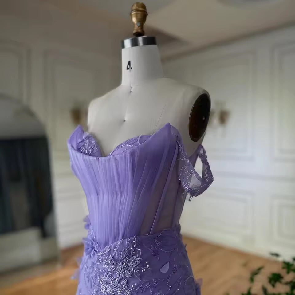 “Amethyst Bloom” Off-Shoulder Embellished Evening Gown with Side Slit