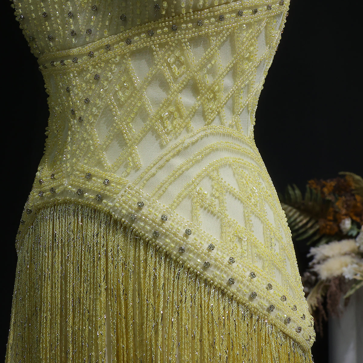 Exquisite Yellow Beaded Halter Neck Deep V Gala Gown