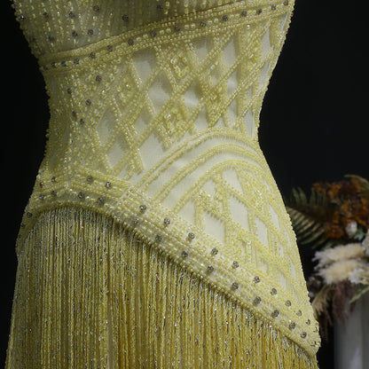 Exquisite Yellow Beaded Halter Neck Deep V Gala Gown