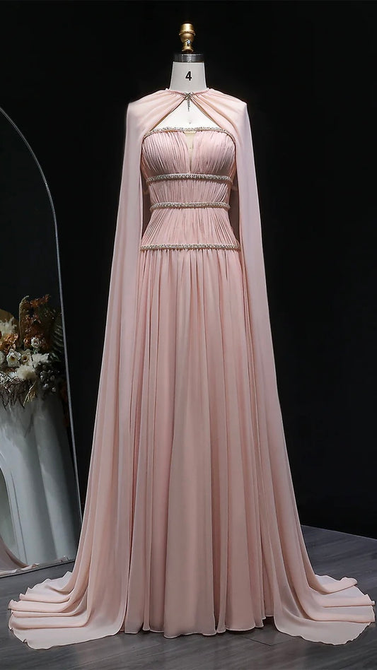 Crystal-Trimmed Cape Evening Dress