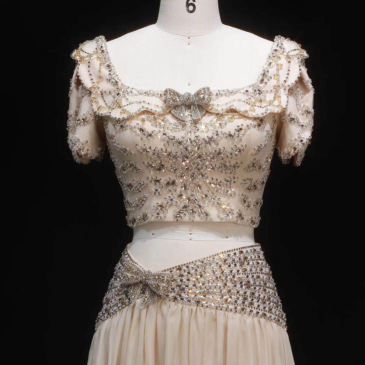 Elegant Fully Beaded Crop Top and Draped Skirt Set with Delicate Bows