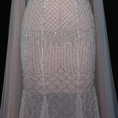 Elegant Beaded Lotus Pink Mermaid Evening Gown with Sheer Cape