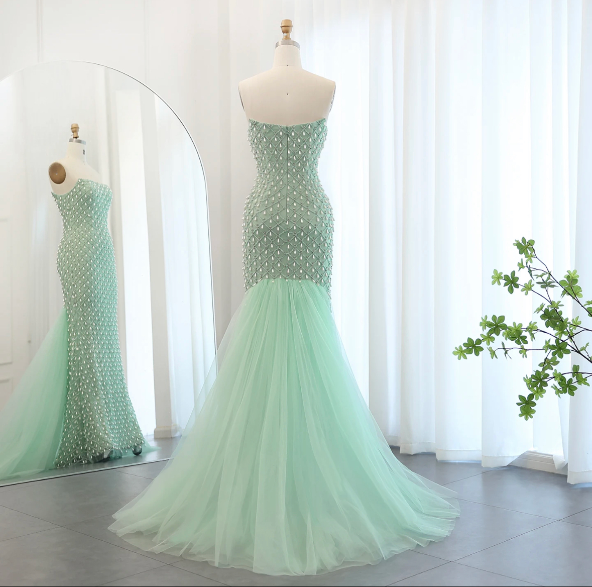 Luxury Crystal Pearls Mermaid Sage Green Evening Dress