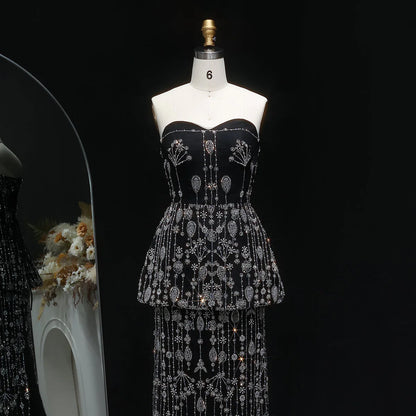 “Black Royale” Strapless Gown with Crystal Peplum and Full Embellished Skirt