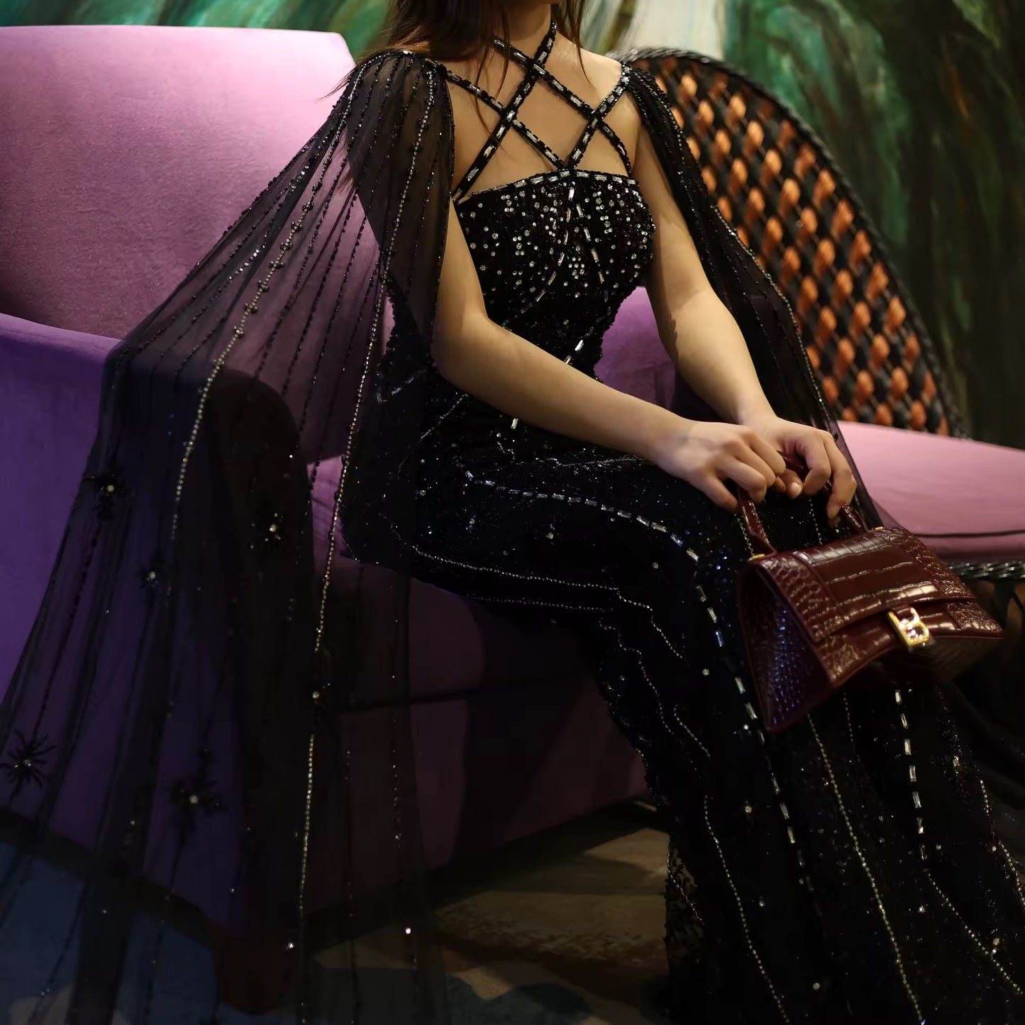 Elegant Beaded Gown with Open Sleeves and Crystal Detailing