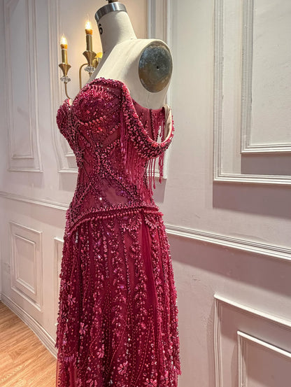 Burgundy Fully Beaded Off-The-Shoulder Gown with Fringe Detail