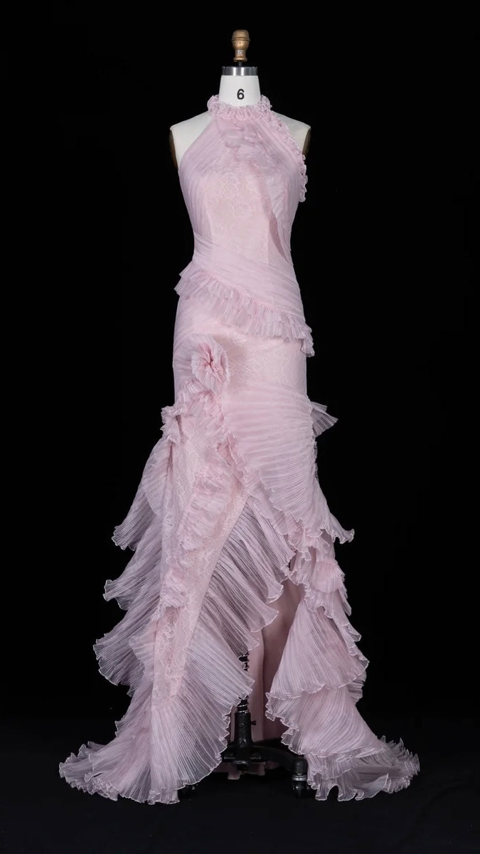 Blush Pink Halter Gown with Pleated Ruffled Cascades & Lace