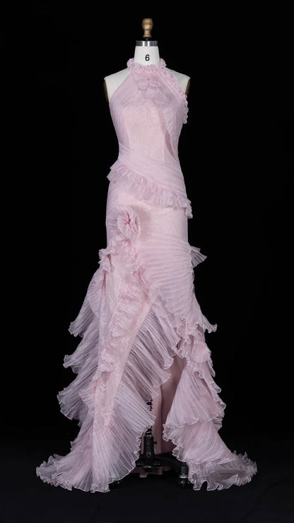 Blush Pink Halter Gown with Pleated Ruffled Cascades & Lace