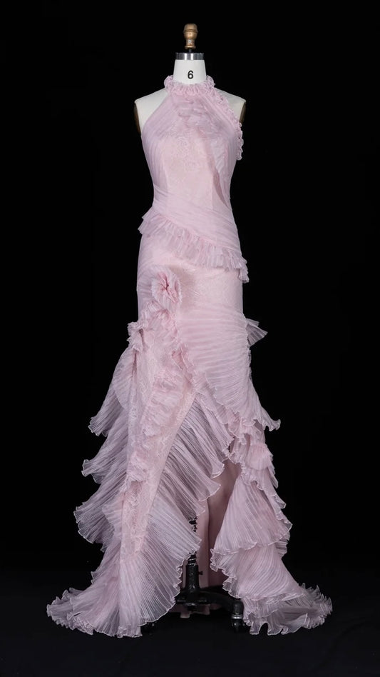Blush Pink Halter Gown with Pleated Ruffled Cascades & Lace