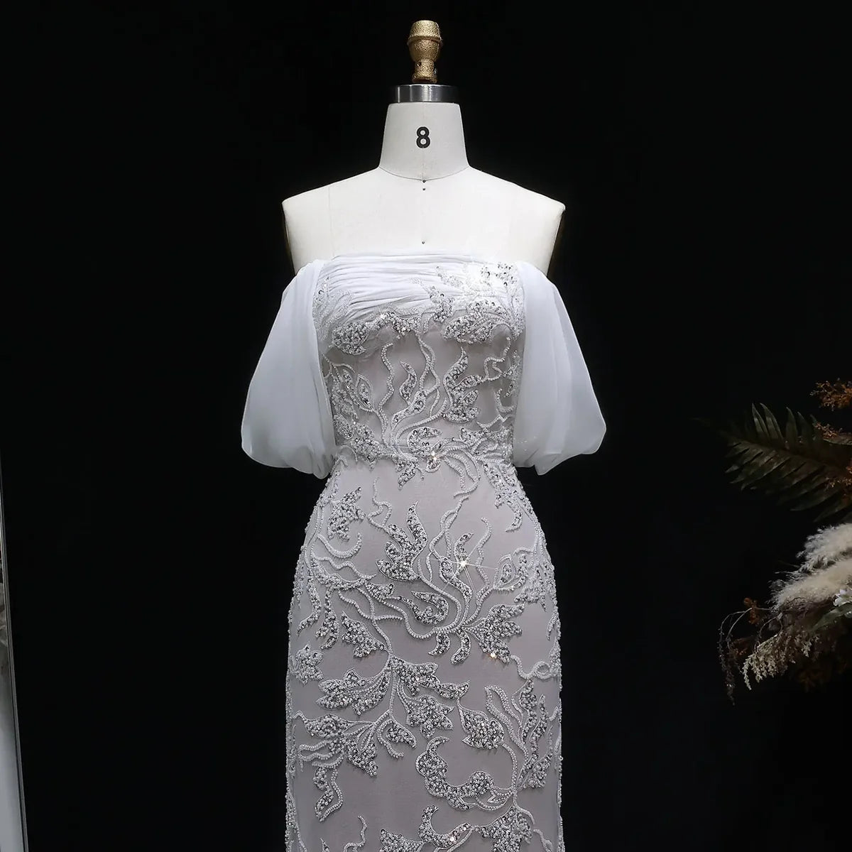 Burgundy "Orchid" Off-Shoulder Gown with Floral Crystal Embroidery and Satin Inset Train