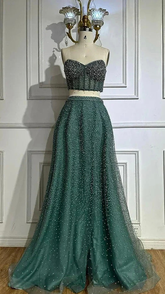 Turquoise Emerald Two-Piece Beaded Gown – Strapless Formal Evening Set