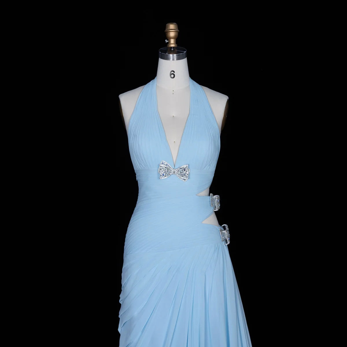 Light Blue Halter Chiffon Gown with Side Cut-outs & Crystal Bows