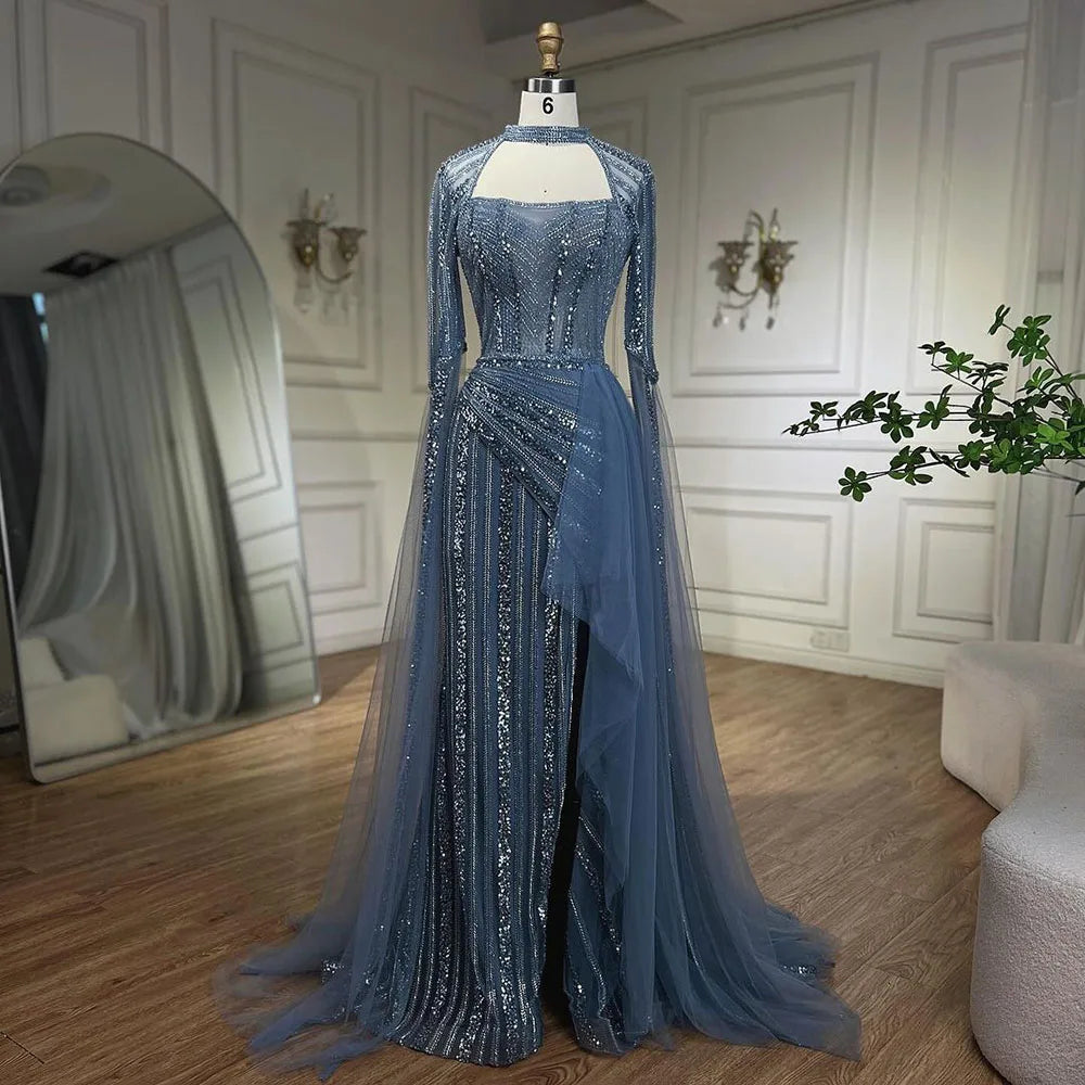 Evening Gowns Luxury Beaded High Split Cape Sleeves Long Dress