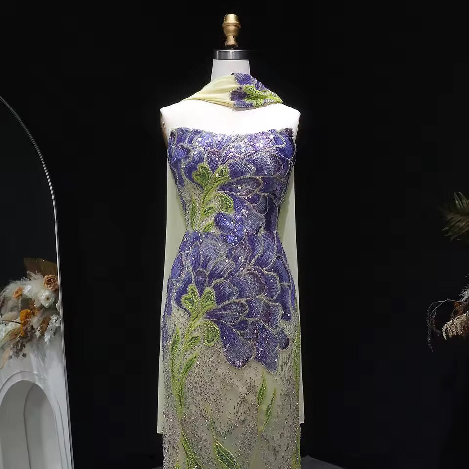 Strapless Floral Sequin Gown with Matching Scarf