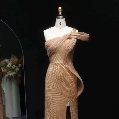 “Desert Glow” Gown – Sculpted Design with Golden Beading