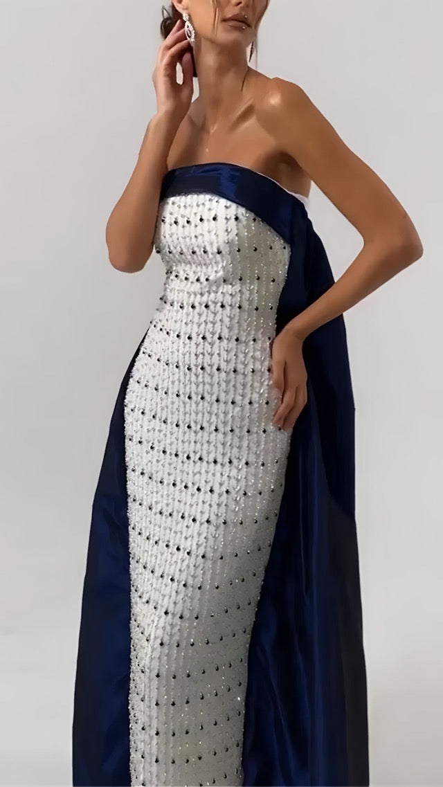 Navy Blue White Strapless Luxury Evening Dress with Cape Midi