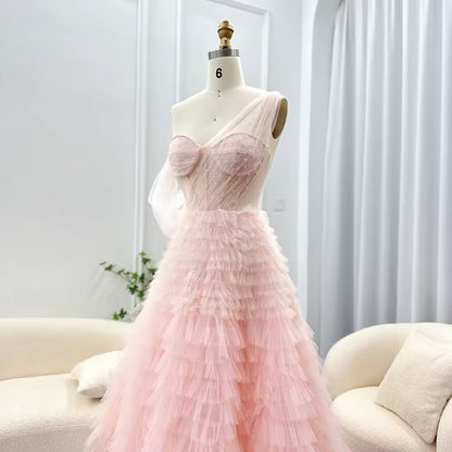 Pink,Lilac Evening Dress One Shoulder Long