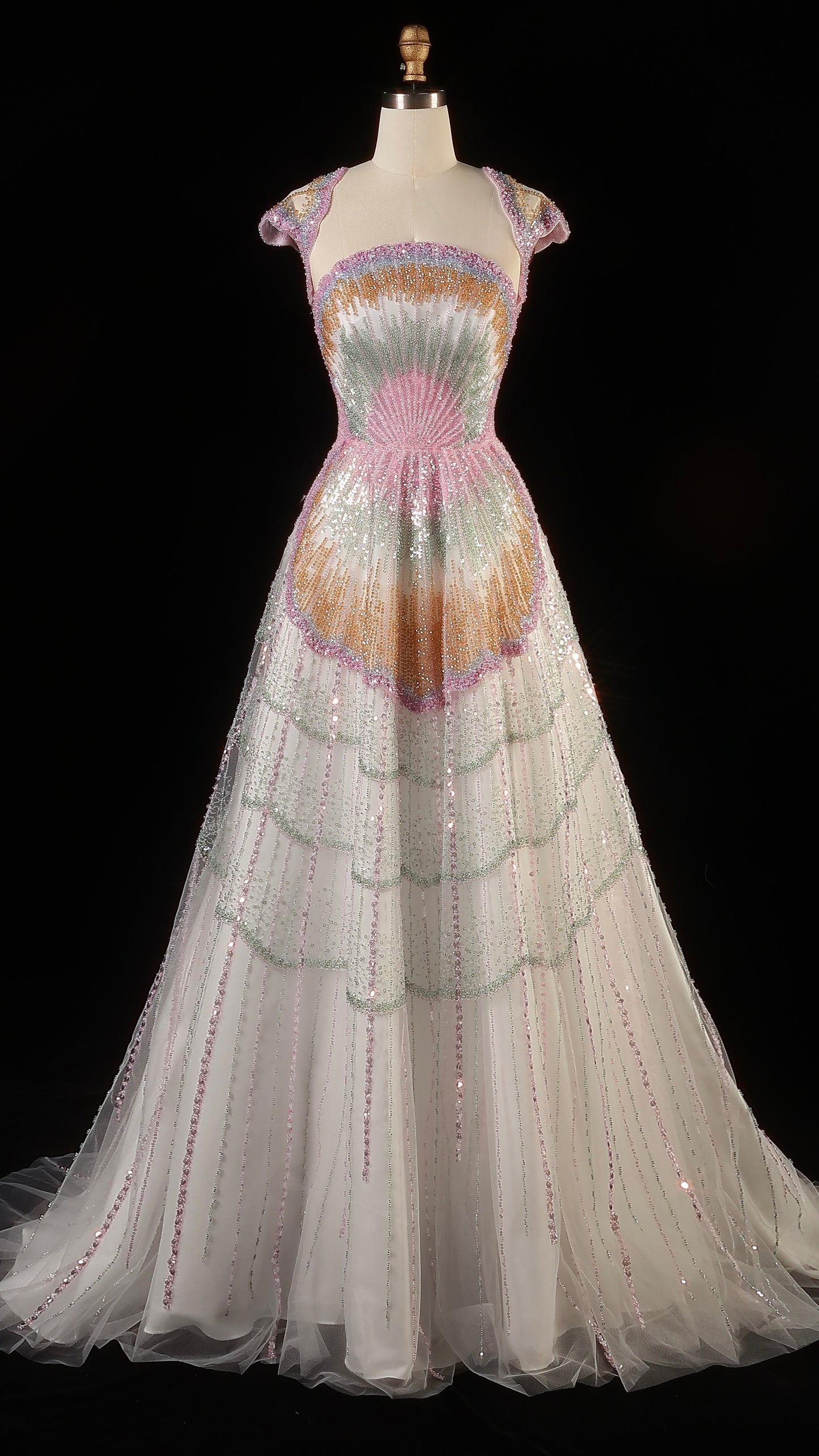 Pastel Sequin Embroidered Cloche Evening Gown with Cap Sleeves