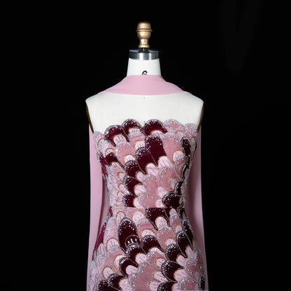 Elegant Strapless Dress with Scalloped Beadwork and Statement Cape