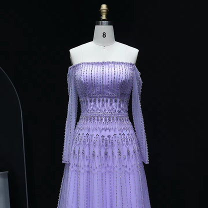 Luxury Beaded Sage Green A-Line Off Shoulder Evening Dress