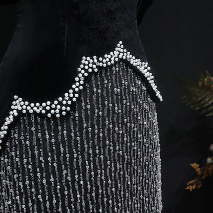 Black Velvet Pearl-Embellished Evening Gown