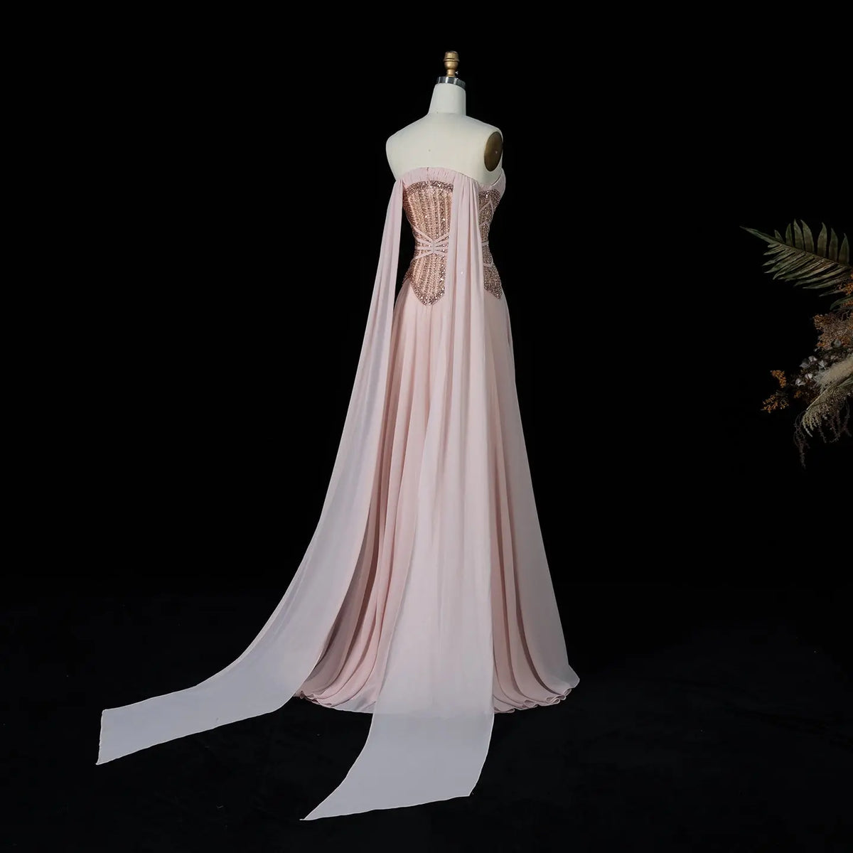 Luxury Strapless Gown with Ornate Corset-Style Waist and Dramatic Cape Scarves