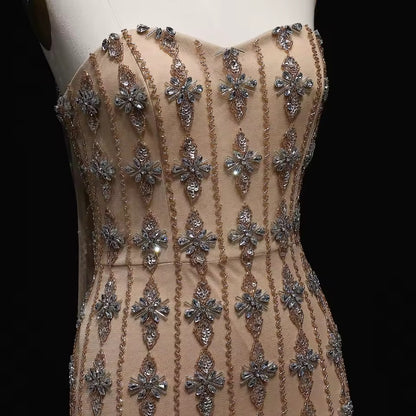 Nude Fitted Gown with Crystal Floral Embellishments and Shawl