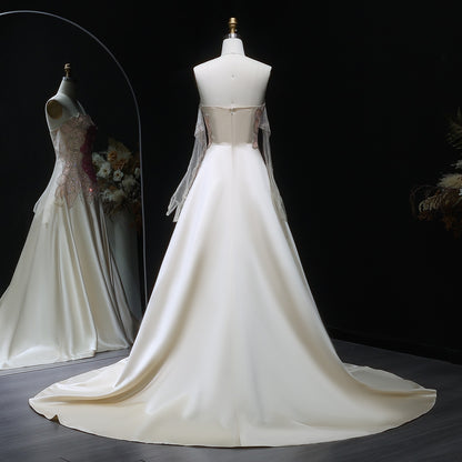 Elegant Satin A-Line Gown – Strapless Floral Beaded Bodice with Sheer Gloves