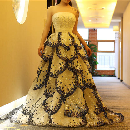 Luxury Black and White Ball Gown Ruffles Evening Dress