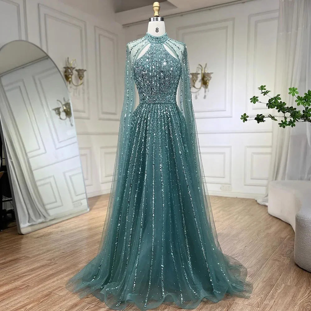 Mermaid Elegant Cape Sleeves Beaded Luxury Evening Dress