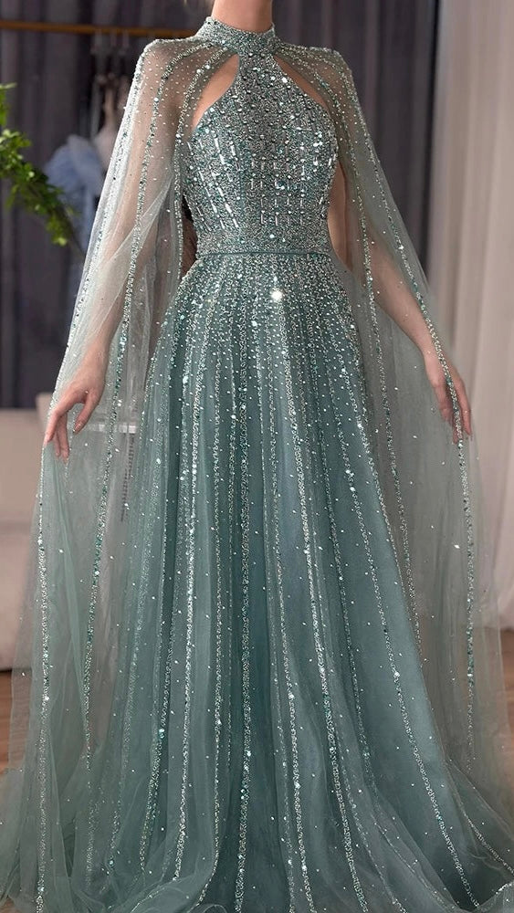 Mermaid Elegant Cape Sleeves Beaded Luxury Evening Dress