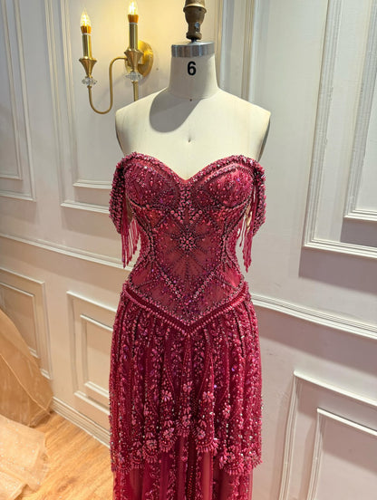 Burgundy Fully Beaded Off-The-Shoulder Gown with Fringe Detail
