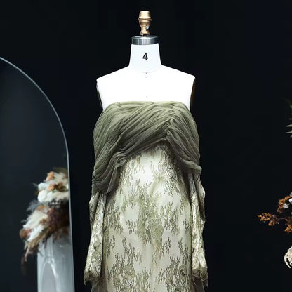 Draped Tulle & Lace Gown with Sheer Flow Cape